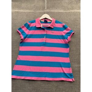 Le Tigre Polo Shirt Womens XL Pink Blue Horizontal Striped Leopard Logo Golf
